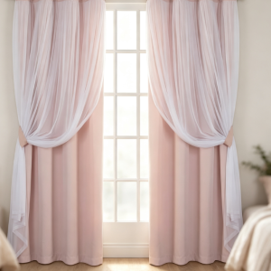 Rose Blush Double Layer Curtains, Sheer & Blackout, Grommet Top, Thermal Insulated, 2 Panels (52"x84")