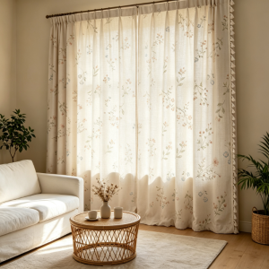Boho Floral Total Blackout Curtains, 84-Inch, 2 Panels – Linen Texture, Beige Tassel, Rod Pocket